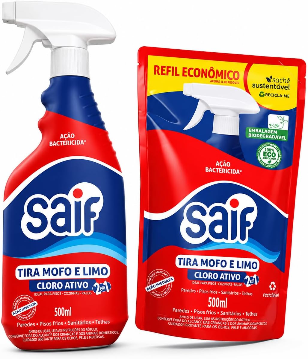 Tira Mofo e Limo Saif Kit Spray 500 ml + Refil 500 ml com Cloro Ativo e Ação Bactericida para Rejuntes e Telhas