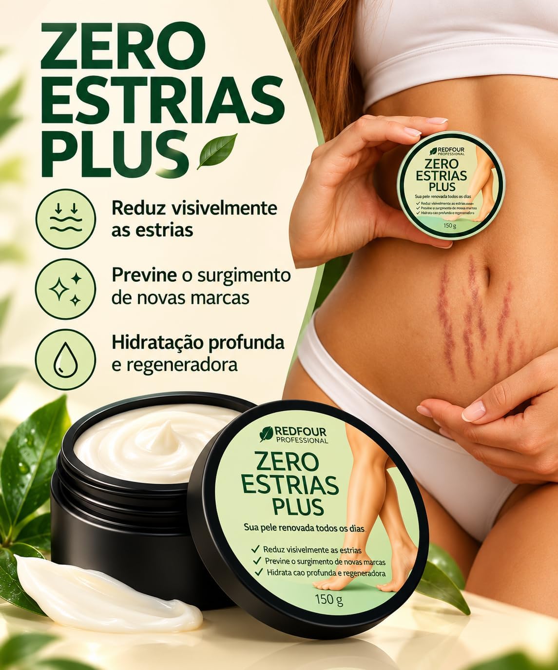 Creme Zero Estrias Plus RedFour Professional 150 g Hidratante Corporal para Massagem e Cuidados com a Aparência das Estrias, Todos os Tipos de Pele