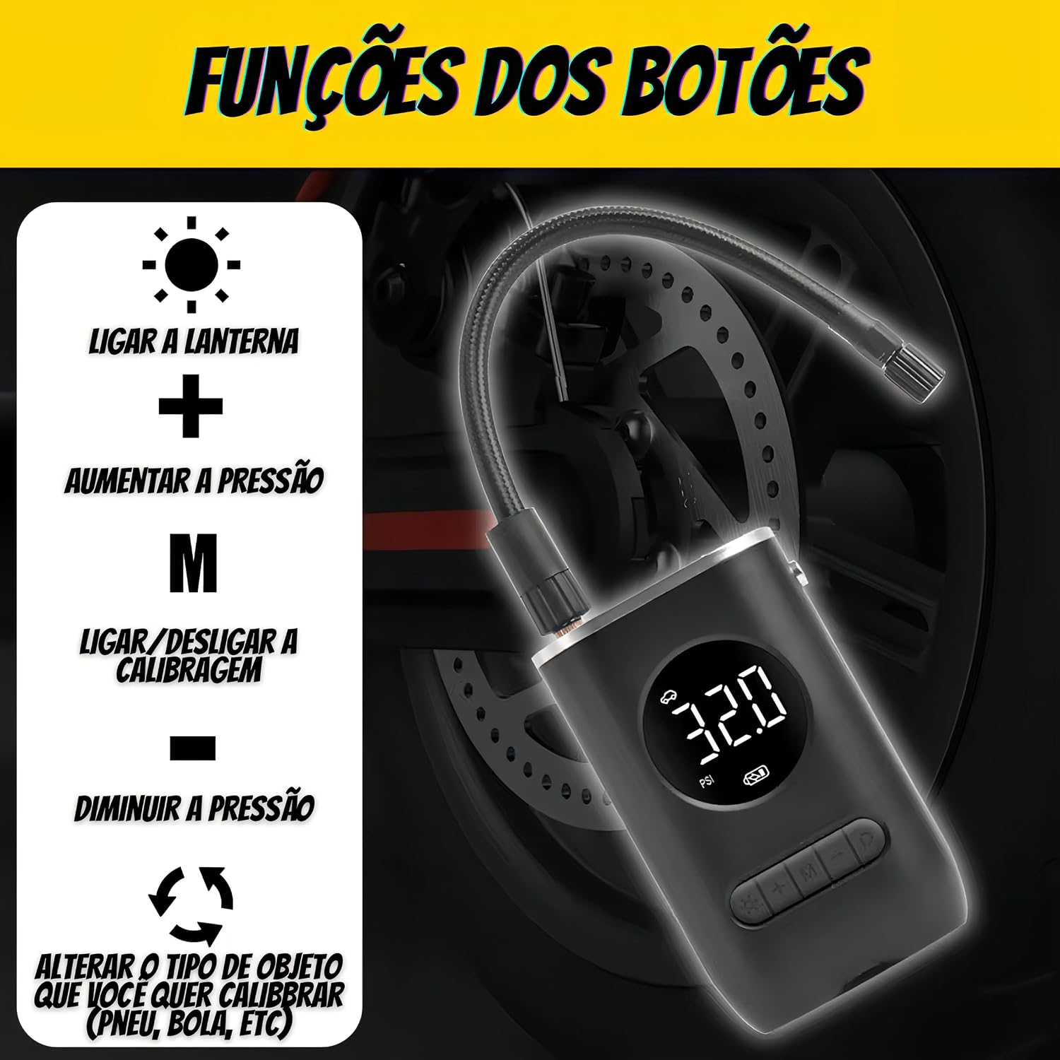 Compressor de Ar Portátil Digital Recarregável 150 PSI com Lanterna e Desligamento Automático para Pneus e Bolas IZEPOWER IZESHOP Compressor de ar recarregável via USB portátil e leve para uso doméstico e automotivo