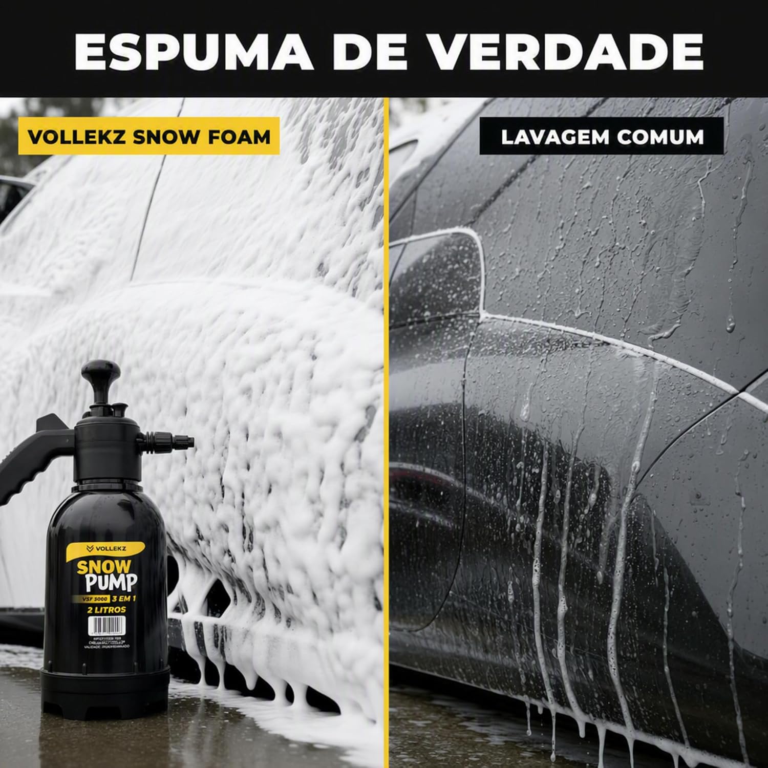 Pulverizador Snow Foam Vollekz 2 L 3 em 1 Portátil com 2 Bicos, Espuma Densa e Vedação Reforçada para Lavagem Automotiva