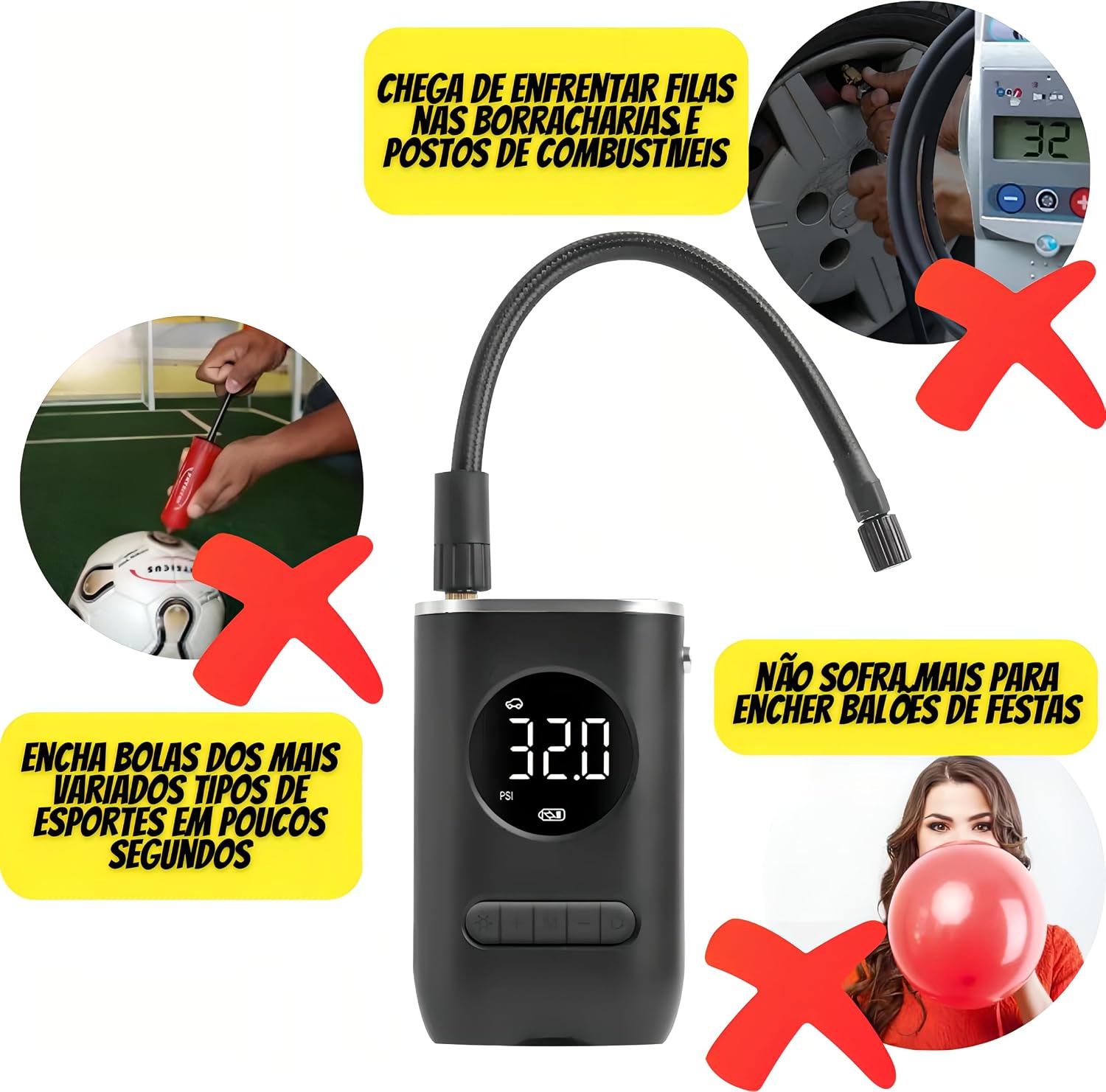 Compressor de Ar Portátil Digital Recarregável 150 PSI com Lanterna e Desligamento Automático para Pneus e Bolas IZEPOWER IZESHOP Compressor de ar digital 150 PSI IZEPOWER com acabamento portátil e design compacto