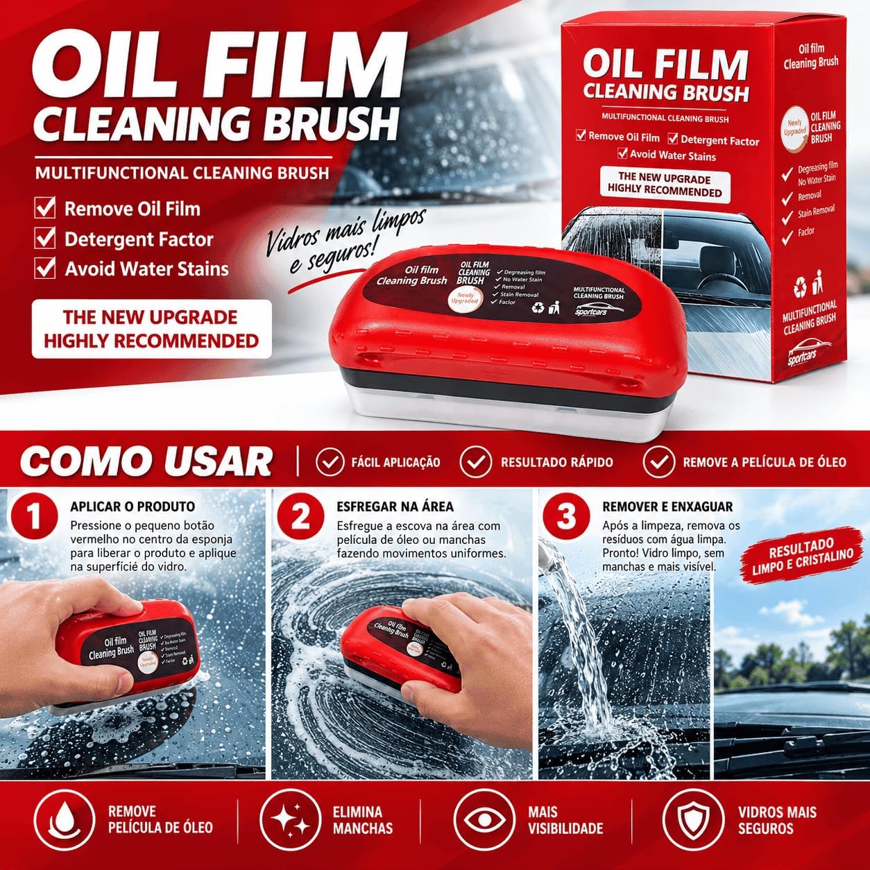 Escova Limpadora de Película de Óleo para Vidros 120 ml com Aplicador e Esponja, Remove Oleosidade e Manchas de Água IZEGLASS CLEAN IZESHOP Escova limpadora de vidro IZEGLASS CLEAN para janelas espelhos e superfícies de vidro compatíveis