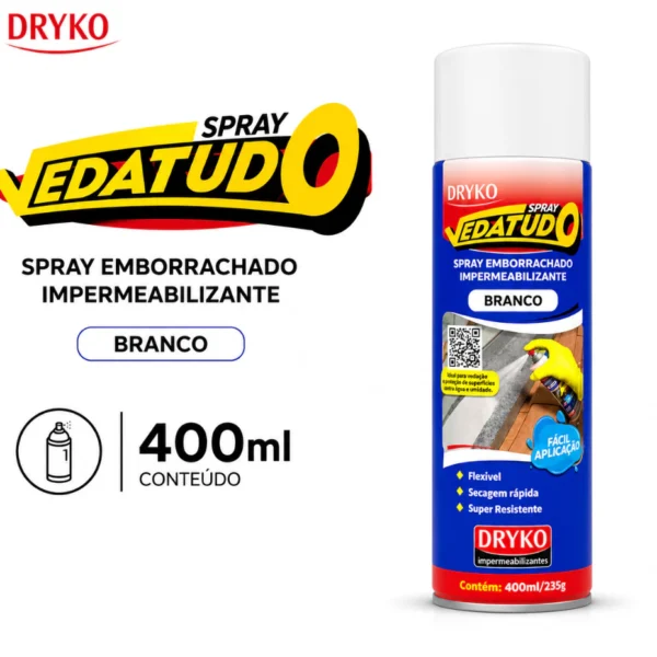 Dryko Spray Impermeabilizante Vedatudo Branco 400ml Borracha Líquida Antivazamento Secagem Rápida IZEPROTECT MAX IZESHOP Dryko Spray Impermeabilizante Vedatudo Branco 400ml IZEPROTECT MAX para reparos de vazamentos e fissuras